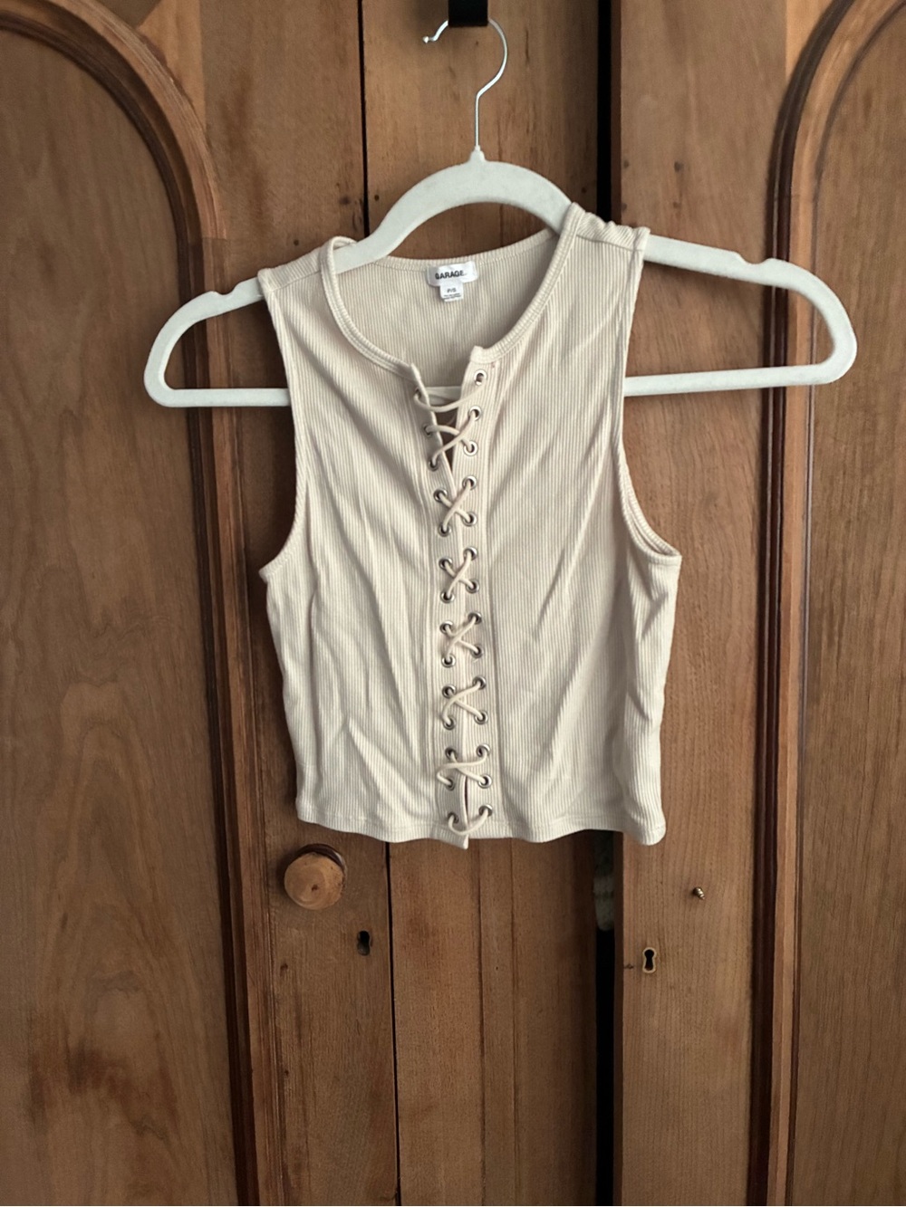 Garage Beige Lace-Up Ribbed Tank